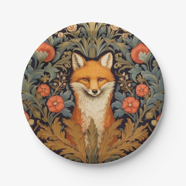 The fox and red flowers art nouveau style paper plate (Front)