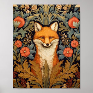 The fox and red flowers art nouveau style poster