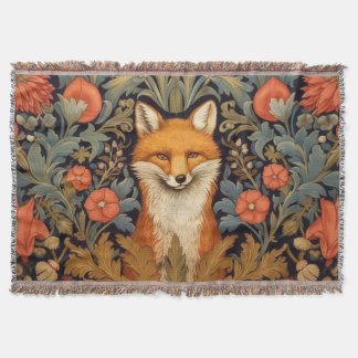 The fox and red flowers art nouveau style throw blanket