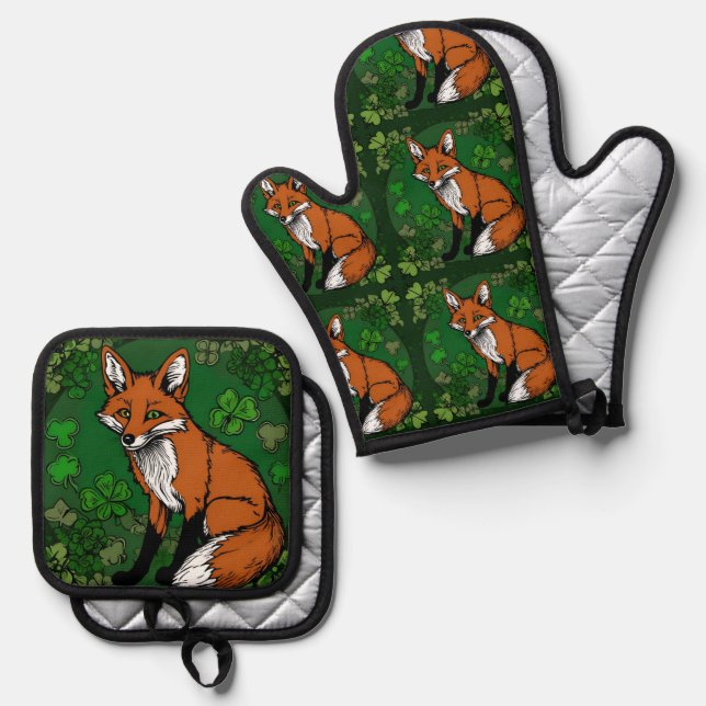The Fox and The Shamrocks Oven Mitt & Pot Holder Set (Front/Back)