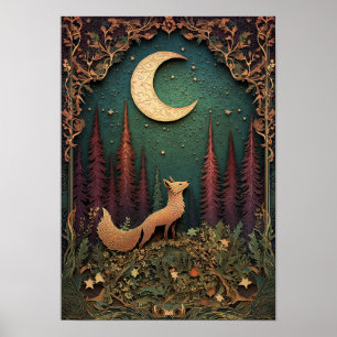 The Fox Night Spring Forest Art Poster