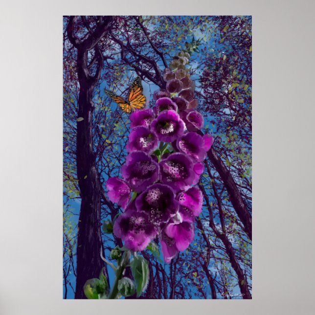 The foxglove with butterfly in the woods painting poster (Front)
