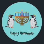 The Frozen Chosen Hannukah Classic Round Sticker<br><div class="desc">Graphic illustration of penguins enjoying the Hannukah menorah lights.  Celebrate the miracles of Chanukah all eight nights!</div>