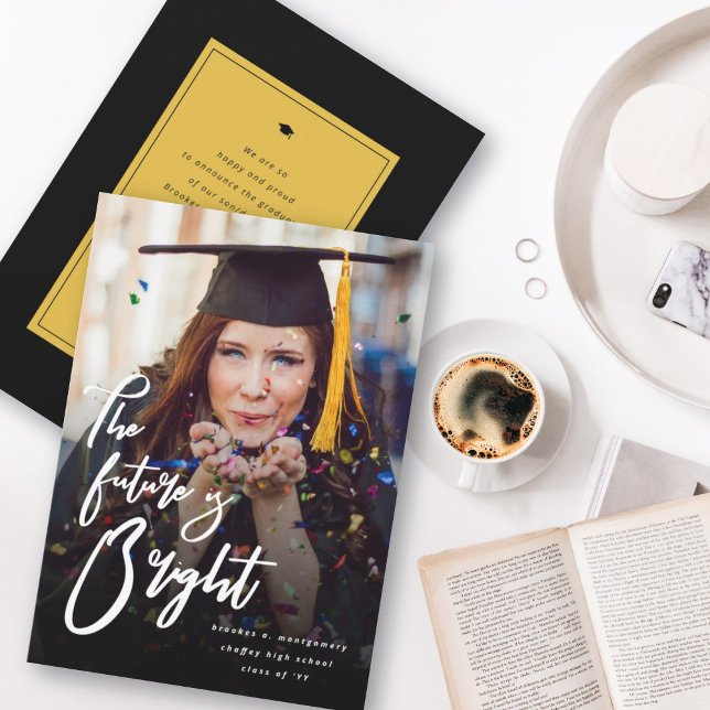 The Future Is Bright Bold Script Graduation Photo Announcement (The Future Is Bright Bold Script Graduation Photo Announcement | fatfatin @ zazzle.com/color_therapy)