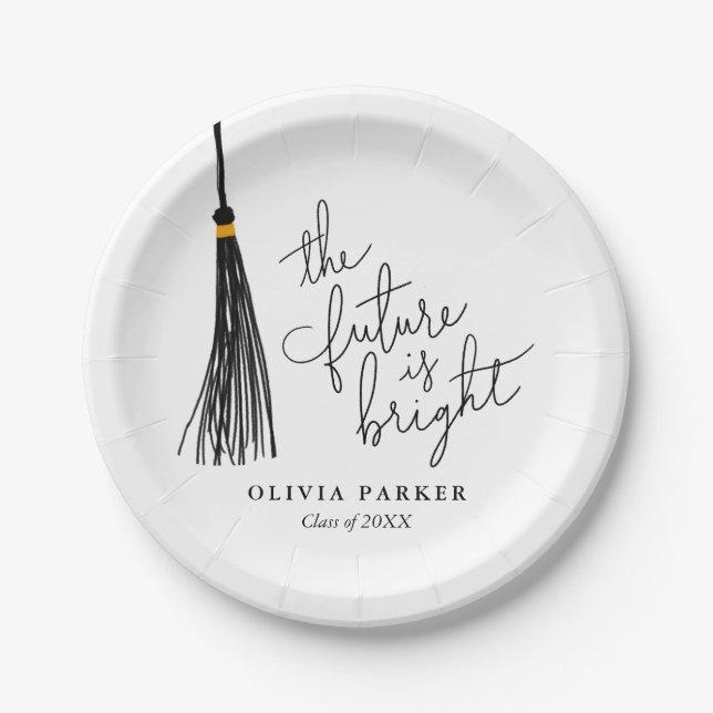 The Future Is Bright Grad Party Black Tassel Paper Plate (Front)