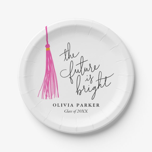 The Future Is Bright Grad Party Pink Tassel Paper Plate (Front)