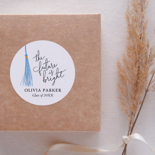 The Future Is Bright Graduation Light Blue Tassel Classic Round Sticker (Creator Uploaded)
