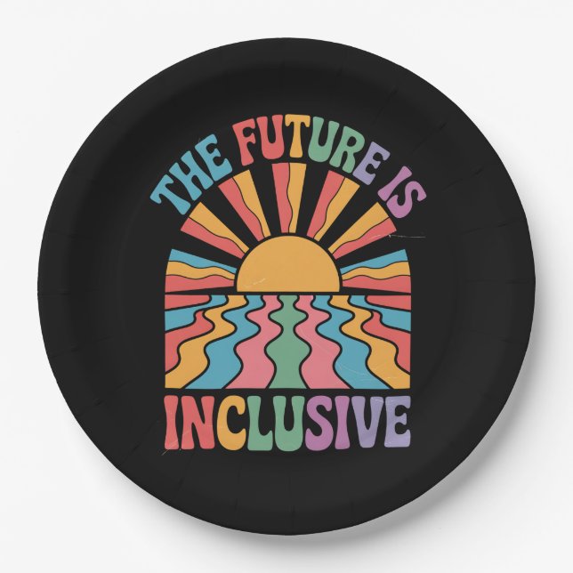 The Future Is Inclusive LGBTQ Rainbow Pride Retro Paper Plate (Front)