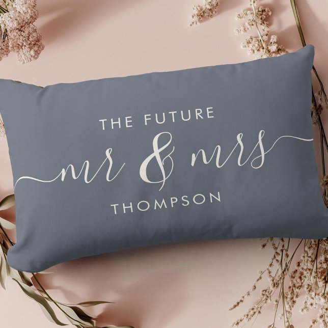 The Future Mr and Mrs Elegant Script Dusty Blue Lumbar Cushion (Creator Uploaded)