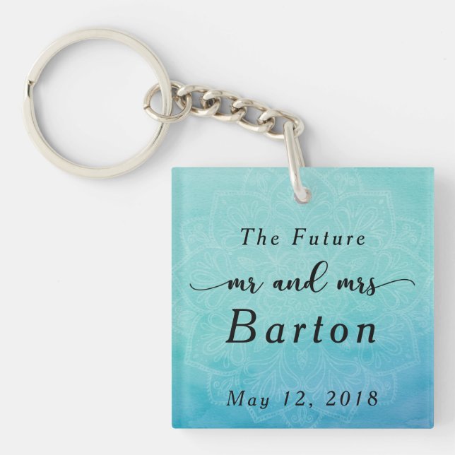 The Future Mr & Mrs Typography Teal & Blue Mandala Key Ring (Front)