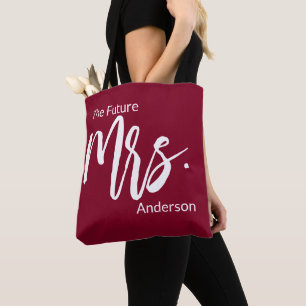 The Future Mrs. Script Burgundy & White Last Name Tote Bag