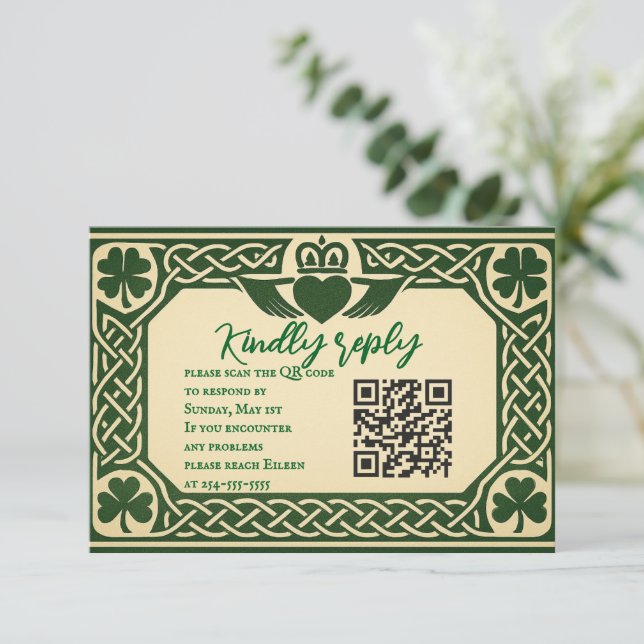 The Gaelic Seal QR Code Wedding RSVP Card (Standing Front)