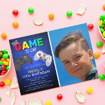 The Game Is On! Photo | Video Game Birthday Invitation<br><div class="desc">How cool is this gaming birthday invitation! Perfect for boys of all ages. Super fun and colourful featuring a photo of the birthday child,  a blue pixel background,  the text "THE GAME IS ON!",  video game controllers and a birthday template that is easy to personalise.</div>