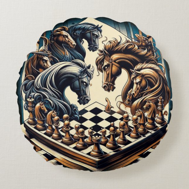 The game of knights – chess meets fantasy round cushion (Front)