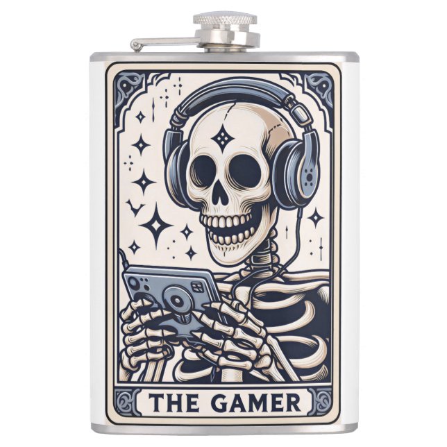 The Gamer Skeleton Tarot Card Hip Flask (Front)