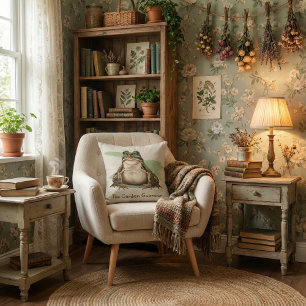 The Garden Guardian Frog   Cottagecore Nature Art Cushion