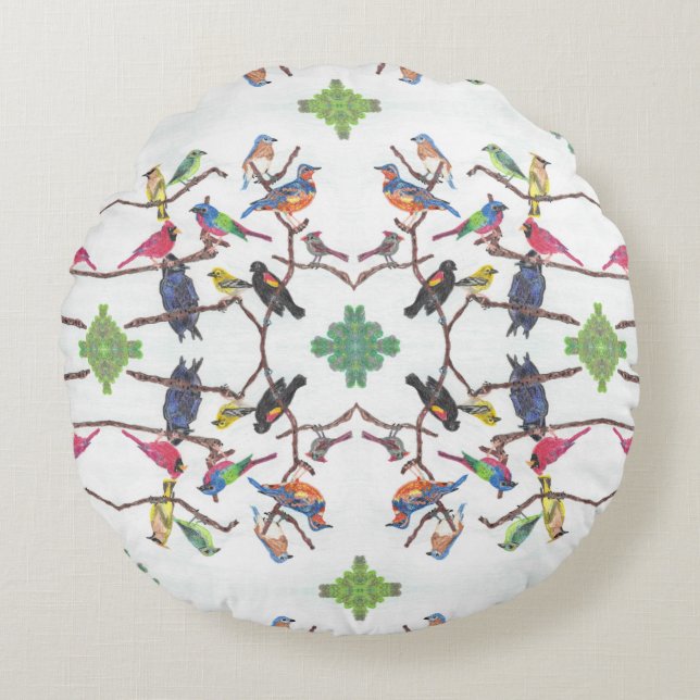 The Gathering Patterned Songbirds Round Pillow (Front)