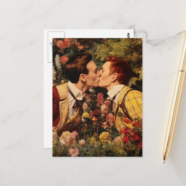 The Gay Men Kissing in a Flower Garden Postcard (Front/Back In Situ)