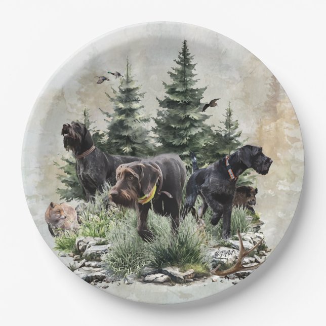 The German Wirehaired Pointers, Art Paper Plate (Front)