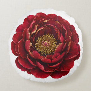 The Gilded Ruby Peony Luxury Red & Gold Botanica Round Cushion