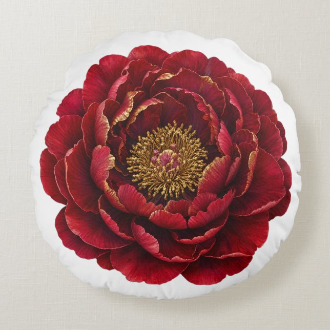 The Gilded Ruby Peony | Luxury Red & Gold Botanica Round Cushion (Front)