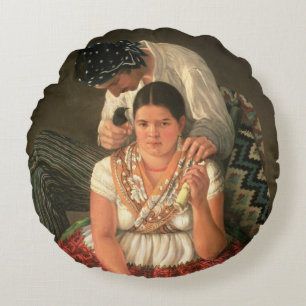 The Gipsy Boy and Girl, (oil on canvas) Round Cushion