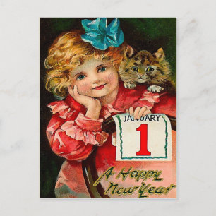 The Girl and the Cat - New Year Greeting Postcard