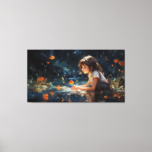 The Girl and the Magical Pond of Golden Fish Canvas Print