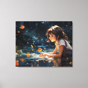 The Girl and the Magical Pond of Golden Fish Canvas Print