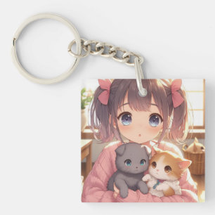 The Girl, the Puppy, and the Kitten Key Ring