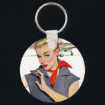 The Girl Who Stole Aeroplanes Key Ring<br><div class="desc">Artist:Coby Whitmore | Girl in front of aeroplane with blue jumpsuit and red bandanna</div>