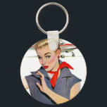 The Girl Who Stole Aeroplanes Key Ring<br><div class="desc">Artist:Coby Whitmore | Girl in front of aeroplane with blue jumpsuit and red bandanna</div>