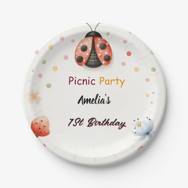 The Girls Love Bug Picnic Polka Dot 1st Birthday  Paper Plate (Front)