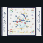 The Glittery Christmas Snowman - Tablecloth<br><div class="desc">This design features a white and blue snowflake, a golden tree, coloured snowflakes and lots of snowmen dressed for a cold Christmas season. A glitter was added to this design. A white backround was added along with a blue border. Merry christmas was added to this design. This table cover comes...</div>