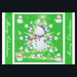 The Glittery Christmas Snowman - Tablecloth<br><div class="desc">This design features a white and blue snowflake, a golden tree, coloured snowflakes and lots of snowmen dressed for a cold Christmas season. A glitter was added to this design. A green backround was added along with a white border. Merry christmas was added to this design. This table cover comes...</div>