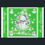 The Glittery Christmas Snowman - Tablecloth<br><div class="desc">This design features a white and blue snowflake, a golden tree, coloured snowflakes and lots of snowmen dressed for a cold Christmas season. A glitter was added to this design. A green backround was added along with a white border. Merry christmas was added to this design. This table cover comes...</div>