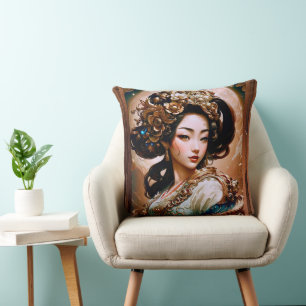 The Golden Dragon Geisha Girl AI Art by Xzendor7 Cushion