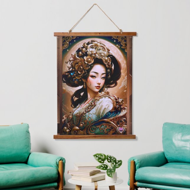 The Golden Dragon Geisha Girl AI Art by Xzendor7 Hanging Tapestry (Living Room)