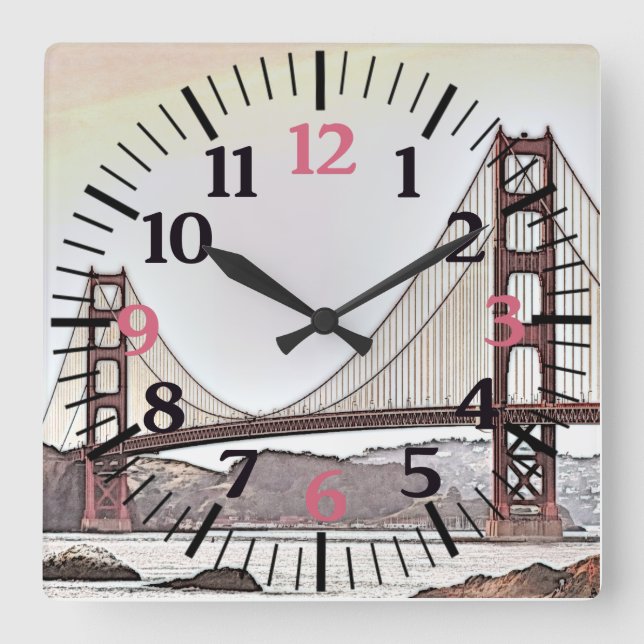 The Golden Gate Bridge - San Francisco, CA (pink) Square Wall Clock (Front)