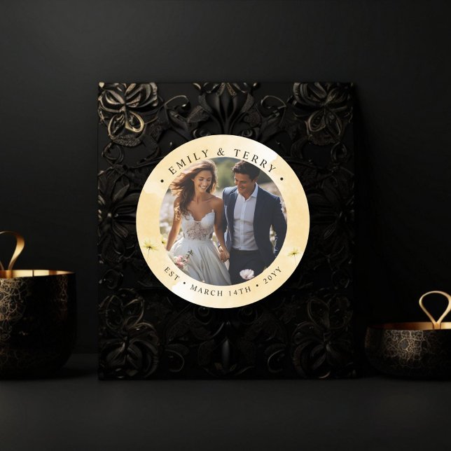 The Golden Hour Grace Photo & Floral Wedding Classic Round Sticker (Creator Uploaded)