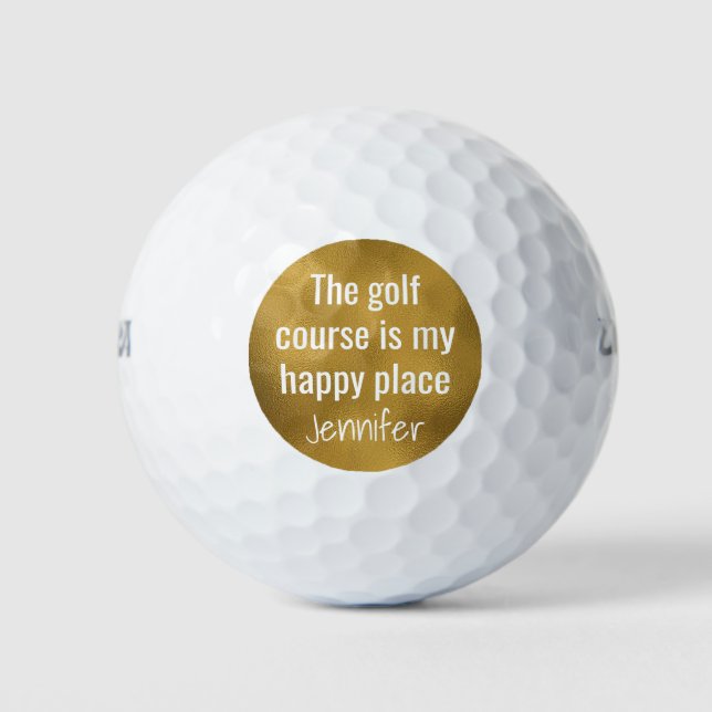 The Golf Course Is My Happy Place Monogram Gold Golf Balls (Front)