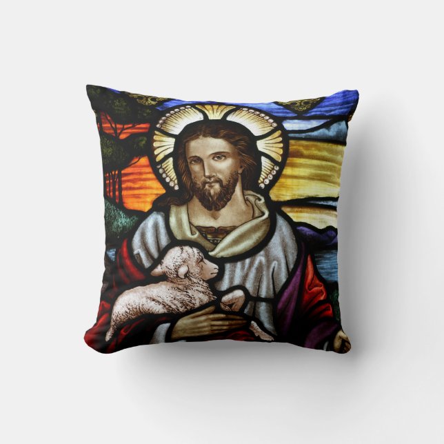 The Good Shepherd; Jesus on stained glass Cushion (Front)