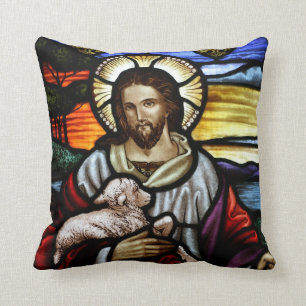 The Good Shepherd; Jesus on stained glass Cushion