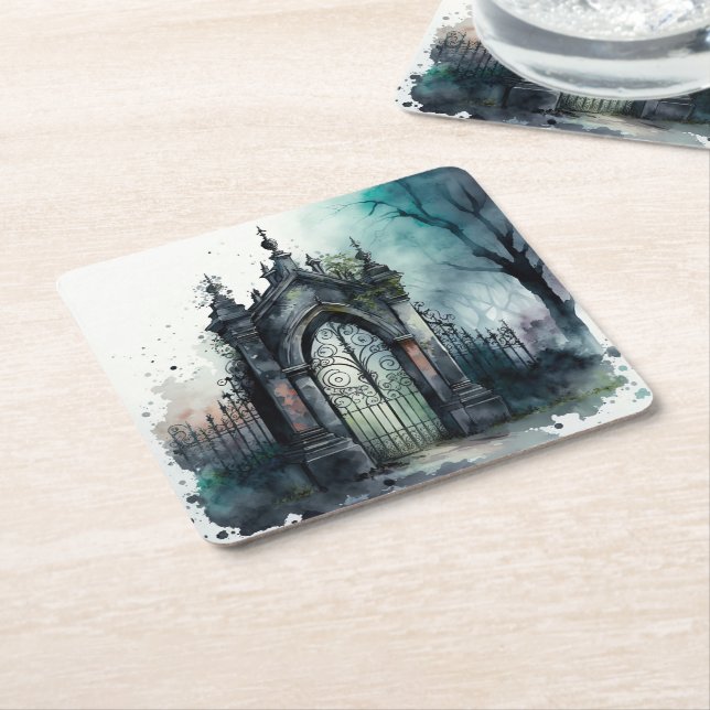 The Gothic Cemetery Gate Series Design 11 Square Paper Coaster (Angled)