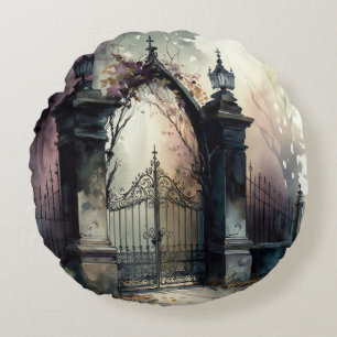 The Gothic Cemetery Gate Series Design 12 Round Cushion