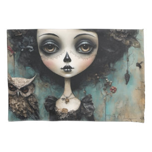 The Gothic Doll and Her Pet Owl Pillowcase