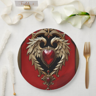 The gothic heart of fire and gold paper plate