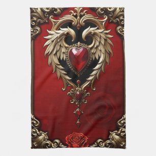The gothic heart of fire and gold tea towel