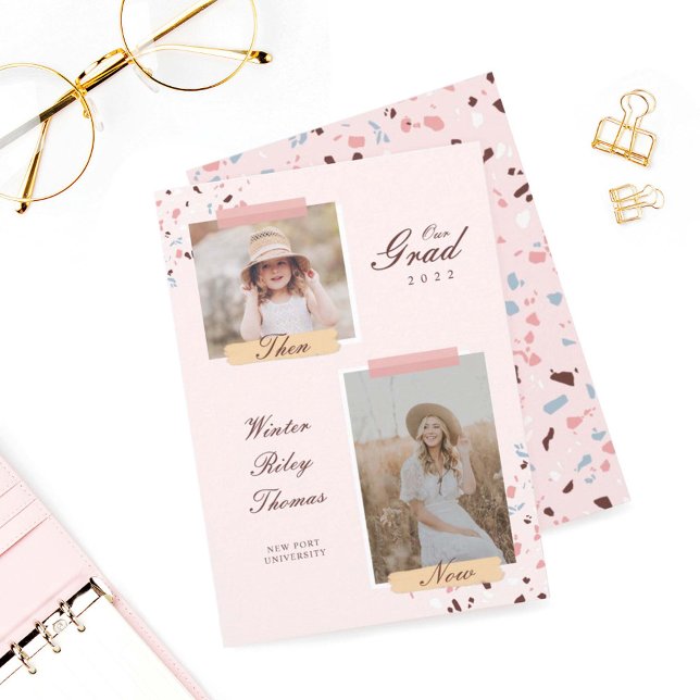 The Grad Then & Now 2 Photo Graduation Terrazzo Invitation (Creator Uploaded)