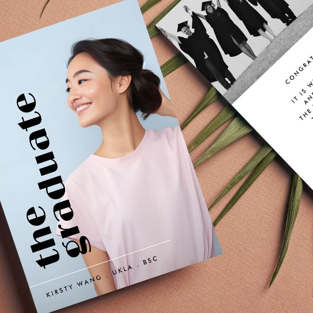 THE GRADUATE Bold BLACK TEXT Two Photo GRADUATION Announcement (Creator Uploaded)